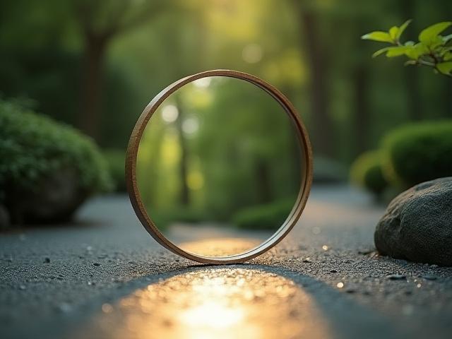 日本の禅庭園に置かれた鏡が光を反射し、未来への道を象徴する抽象的なイメージ