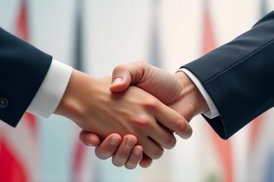 異なる国旗を持つ人々が握手するイラスト、文化交流の象徴