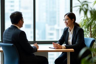 インタビューコーチング風景、明るいオフィスでプロのコーチが個人を指導