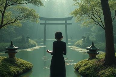 古代日本の神話的な風景、面接の準備をする人物